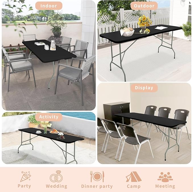 Folding Table 6 FT Camping Table Portable Plastic Rectangular Outdoor Dining Table Steel Legs Fold-in-Half with Carrying Handle for Indoor,Picnic,Party,Wedding,Events(Black)