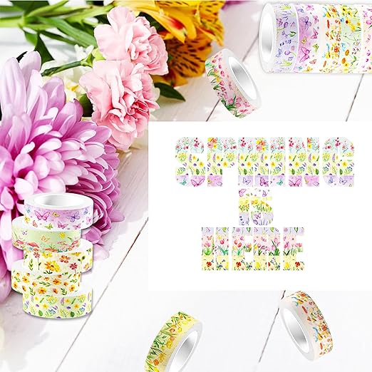 12 Rolls Spring Floral Washi Tape Set, Butterfly Tulip Flower Masking Tapes, Summer Decorative Paper Tape for Scrapbooking Journaling DIY Crafts Gift Packaging 16.4FT