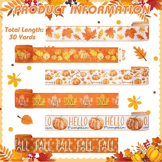 12 Rolls Fall Wired Edge Ribbon for Wreaths 2 Inch x 60 Yards Maple Leaves Pumpkin Burlap Ribbon Thanksgiving Plaid Crafts for Autumn Harvest Party Decoration Supplies, 12 Styles