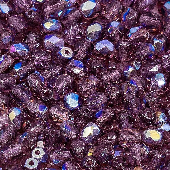 1.8 oz (50g, Approx. 600pcs) of Faceted Fire Polished Pressed Czech Glass Beads 4mm (0.16in), Amethyst AB Violet Purple 20060-28701 BCV