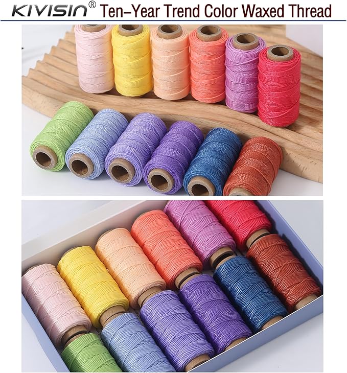 KIVISIN Trendy Color Waxed Thread 0.8mm, Heavy Duty Wax Polyester Cord 32 Yards String Spools Wax Coating for Bracelets Braiding, Micro Knotting, Sewing, Stitching, Book Binding, Micro Macrame Making