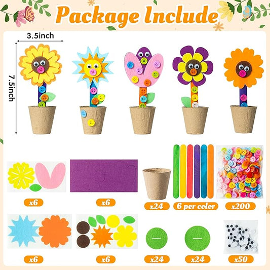 WATINC Mother's Day Spring Felt Flower Craft Kits - Make Your Standing Flowers Gift Crafts with Buttons Flower Pot Decor, DIY Flowers Decorations Home School Fun Activities for Mom Kids (16Pcs)