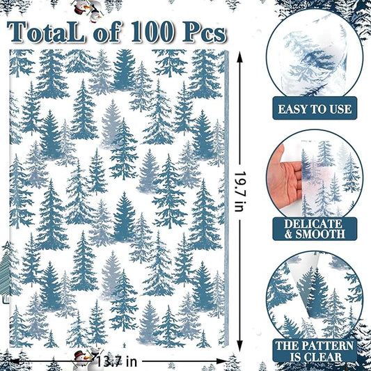 100 Sheets Christmas Tree Tissue Paper, 20x14in Forest Style Wrapping Tissue Watercolor Xmas Tree Art Tissue for Xmas Party Gift Bag Fillers Winter Party Decor (Blue)