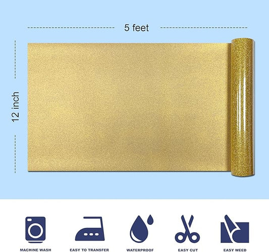 Golden Glitter HTV Heat Transfer Vinyl, 12" x 5ft lron on Vinyl, for T-Shirt Ironing, Vinyl HTV Easy to Cut and Weed, The Best Choice for DIY Creativity. (Golden, 12" x5ft)