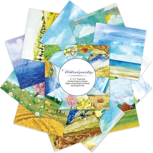 24 Sheets 12 Designs Scrapbook Paper Pad,6"×6” Single-Sided Decopodge Craft Cardstock Paper,Christmas Scrapbooking DIY Decorative Background Cardmaking Supplies.Landscape