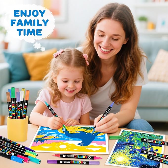 120 Colors Acrylic Paint Markers, Dual-Color Acrylic Paint Pens with 60 Brush Tips for Fabric Rock Wood Glass Paper DIY for Painting, Quick Drying, School Art Supplies for Adults Kids Drawing