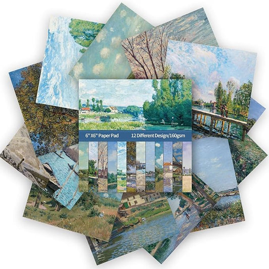 24 Sheets 12 Designs Scrapbook Paper Pad,6"×6” Single-Sided Decopodge Craft Cardstock Paper, Christmas Scrapbooking DIY Decorative Background Cardmaking Supplies.Famous Paintings