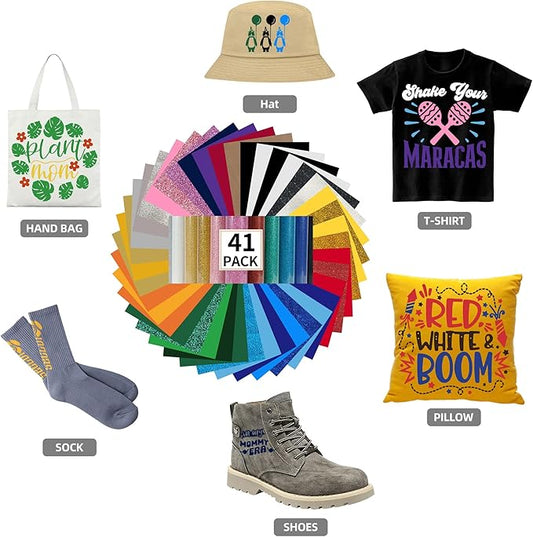 guangyintong HTV Heat Transfer Vinyl Bundle, 41 Pack 12" x 10" Iron on Vinyl for T-Shirt 31 Assorted Colors Clossy and Glitter HTV Vinyl for All Cutting Machine Easy to Cut & Weed