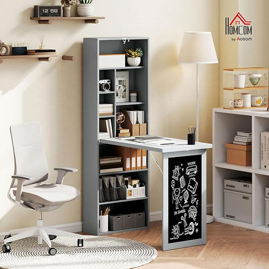 HOMCOM Fold-Out Convertible Writing Table, Wall Mount Desk Cabinet with Blackboard and Side Shelf Multi-Function Home Office Workstation, Charcoal Gray