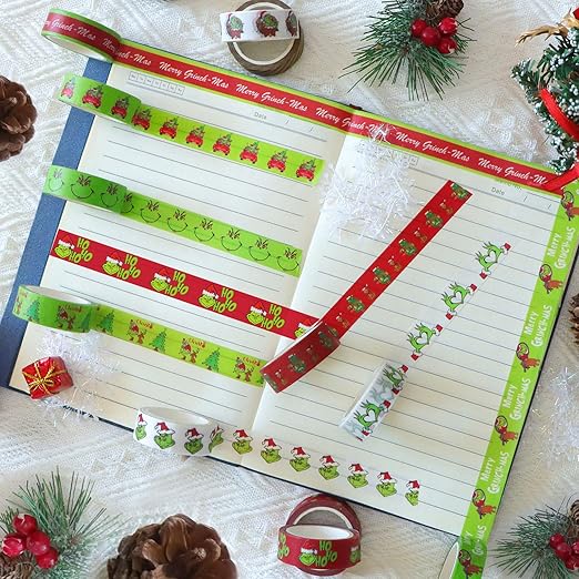 12 Rolls Christmas Washi Tape - Festive Cartoon Characters, Green & Red Xmas Decorative Masking Tape for Scrapbooking, Journals, Calendars, DIY Crafts & Gift Wrapping (16.4ft x 0.6")"