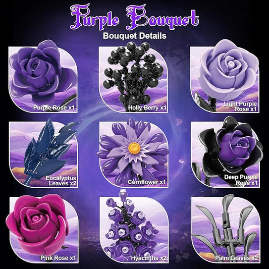 Gohero Purple Roses Building Blocks Set (822PCS) - Lego Compatible Flowers for Adults, Gothic Home Decor, for Women & Teen Girls, Making It an Ideal Gift for Halloween, Valentine's Day.