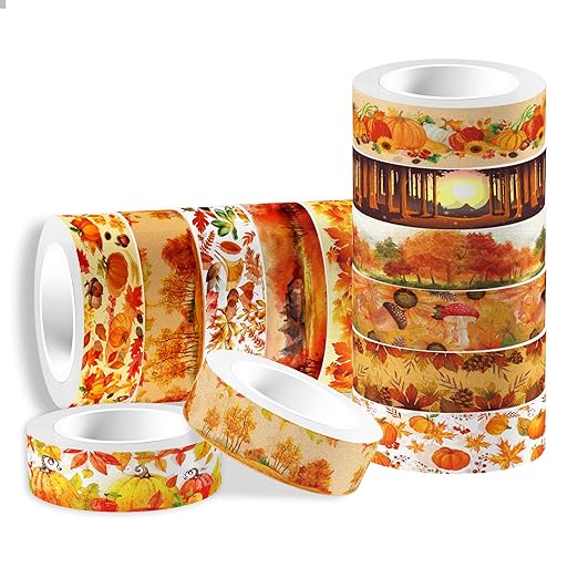 12 Pcs Thanksgiving Washi Tape Maple Leaf Print Masking Tape Pumpkin Pattern Decorative Paper Sticker for Fall Party Holiday Scrapbook DIY Craft Gift Wrapping Handbook Sticker