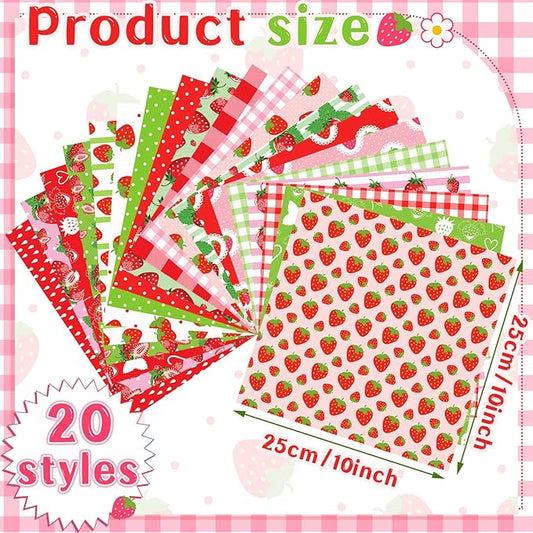 Ganeen 60 Pcs 10 x 10 Inch Strawberry Quilting Fabric Squares Multicolor Strawberry Printed Fabric Bundles Summer Fat Patchwork Precut Stripes for Summer Holiday Handmade Material Sewing DIY Crafts