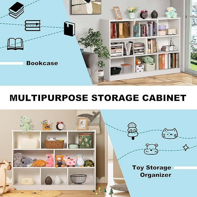 Grepatio 3 Tier 8 Cube Bookshelf, Toy Shelf Storage Organizer Bookcase with Open Shelf, Wood Cube Shelves for Kids Toy, Playroom, Book, Bedroom, Living Room (White)