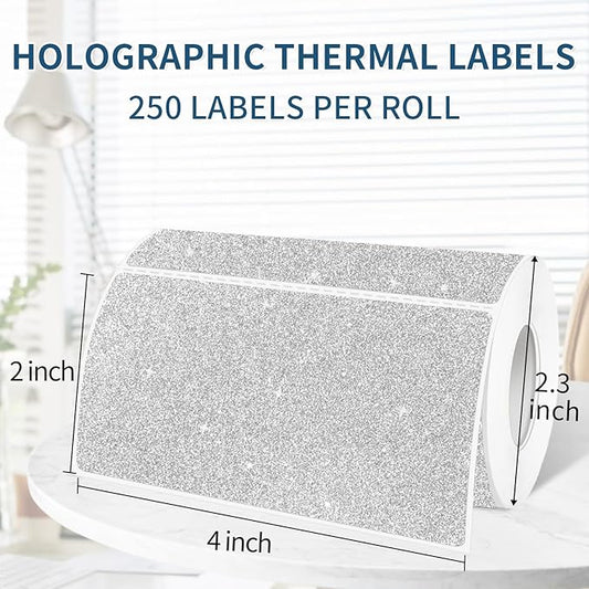 2" x 4" Glitter Silver Thermal Label Stickers,Waterproof Thermal Printer Sticker Labels for Gift Wrapping, Self-Adhesive Name Price Tag DIY Custom Logo Design (250 pcs,Silver)