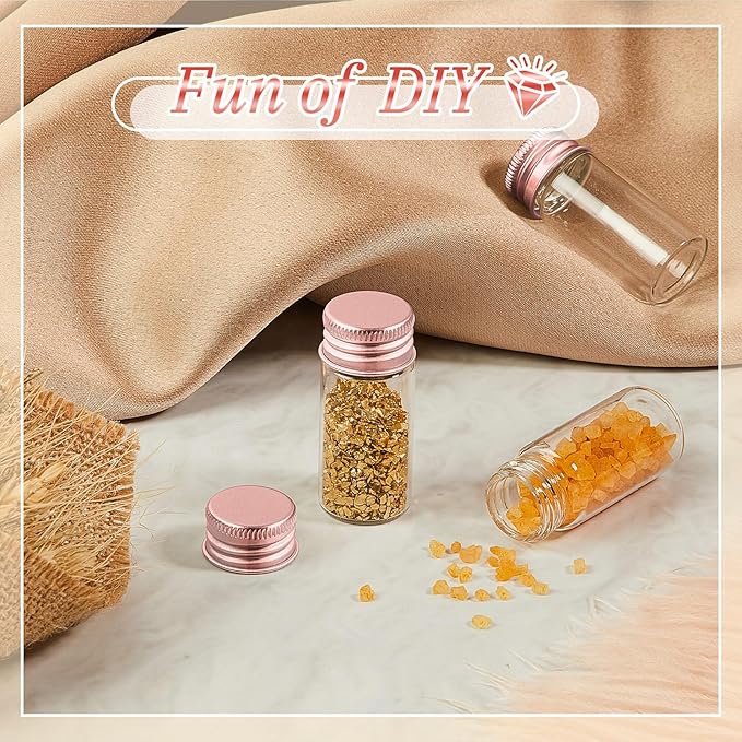 100 Pcs Small Clear Vials Spice Mini Jars with Lids Mini Glass Bottles with Screw Aluminum Metal Caps Tiny Jars Sample Containers for Powder Cream Cosmetic Jewelry Wedding (10 ml,Rose Gold)