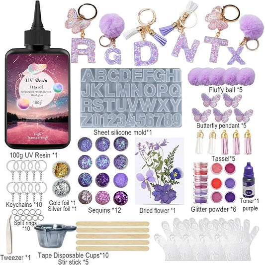 YV-cozx UV Resin Jewelry Making Kit,Crystal Clear Resin with 26 Letter Molds and Casting Tools,DIY Jewelry Making Kit for Necklace,Keychain,Earring (Purple Letter)