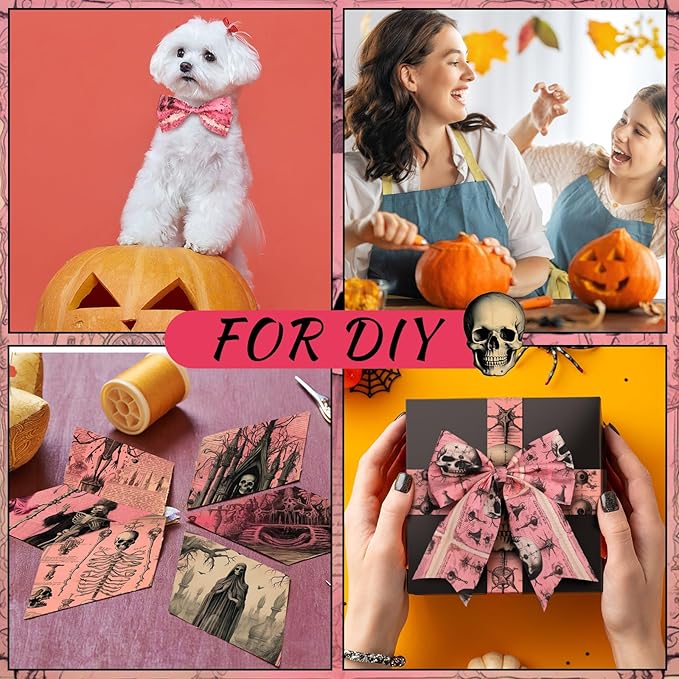 Ganeen 60 Pcs 10 x 10 Inch Pink Halloween Quilting Fabric Squares Vintage Pink Ghost Fat Patchwork Precut Strips Retro Bat Skull Fabric Bundles for Holiday DIY Craft Sewing Quilt Material Handmade