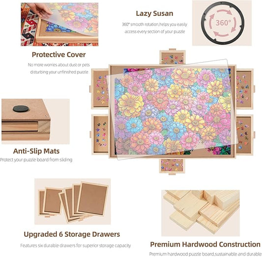 2000 Pieces Rotating Puzzle Board with 6 Drawers, Lazy Susan & Transparent Cover, 40.1"x28.5" Portable Wooden Jigsaw Puzzle Board, Great Gift for for Puzzle Enthusiasts