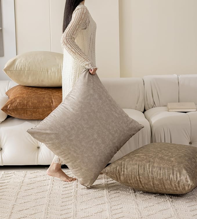Pack of 4 Oversized Faux Leather Neutral Decorative Throw Pillow Covers 28x28 - Image 9
