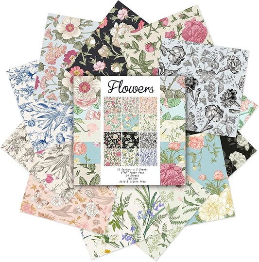 24 Sheets 12 Designs Scrapbook Paper Pad,6"×6” Single-Sided Decopodge Craft Cardstock Paper, Christmas Scrapbooking DIY Decorative Background Cardmaking Supplies.Flowers