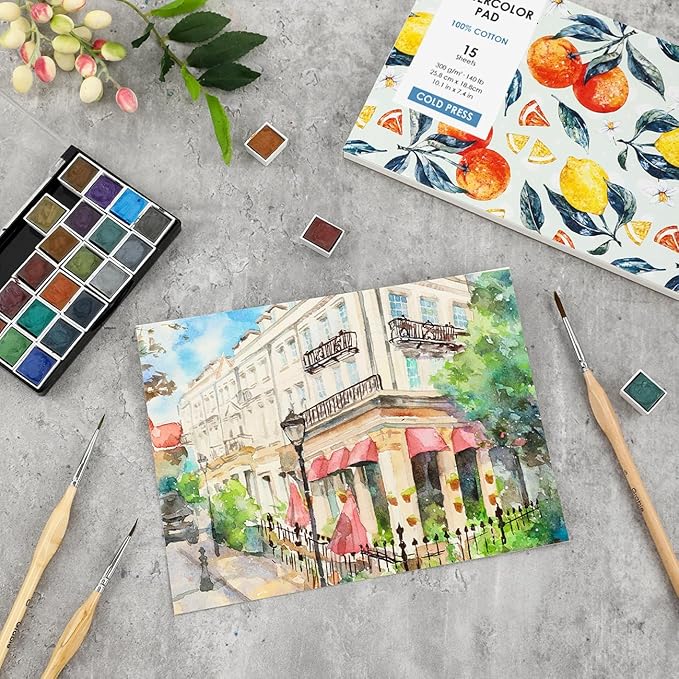 Grabie Watercolor Paper Pad, 100% Cotton, 15 Sheets, B5 (10.1 x 7.4), 140lb (300gsm), Glue Bound, Acid-Free Cold Pressed Watercolor Paper, Art Supplies for Watercolor Techniques (B5)