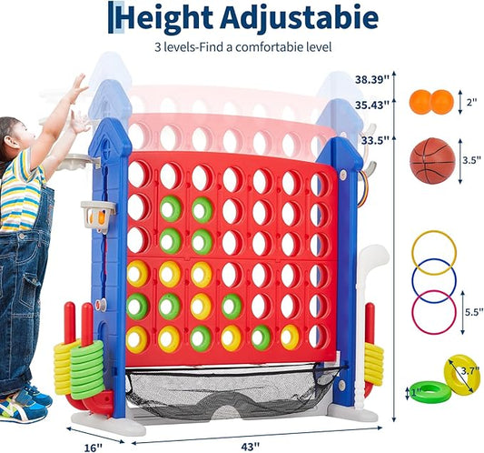 Giant 4 in a Row Game,Adjustable Height Board Jumbo 4-in-a-Row Game with Quick-Release Slider,Mini Basketball,Golf & Ring Toss Set for Family Party, Outdoor & Indoor