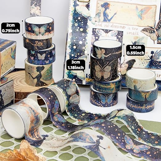 14 Rolls Washi Tape Set - Gold Foil Green Fairy Decorative Masking Tape Butterfly, Fairy, Star, Magic, Adhesive Tape for Bullet Journal,DIY Craft,Scrapbooking Supplies,Gift Wrapping
