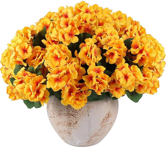Hananona Artificial Geranium Flowers for Outdoors Geranium Silk Flowers Outdoor UV Resistant Garden Plants Faux Flowers for Home Kitchen Table Centerpieces Decor (12, Yellow)