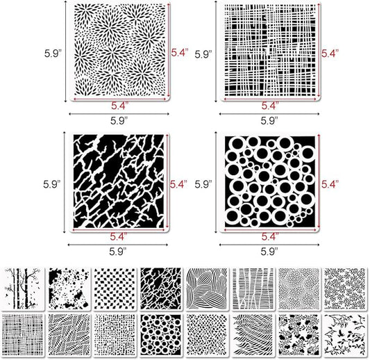 16 Pcs Layering Stencils for Painting - 6"x6" Mixed Texture Trees, Flowers, Leaves, Dots, Checkered, Buffalo Crackle, Splatter Stencils for Canvas, Mix Media Spray Paint