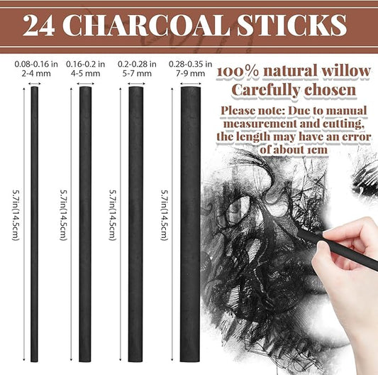 Gueevin 24 Pcs Willow Charcoal Sticks, Willow Charcoal, Artists, Beginners, Students, Perfect for Sketching, Drawing, Shading, and Fine Art Christmas Gifts for Art (2-4mm,4-5mm,5-7mm,7-9mm)