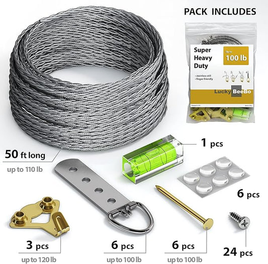 Heavy Duty Picture Wire Hanging Kit - D-Ring, Screws, Hanging Hooks,Level. Supports up to 100 lbs 50+ Feet (15.25M) Stainless Steel Wire Hanger
