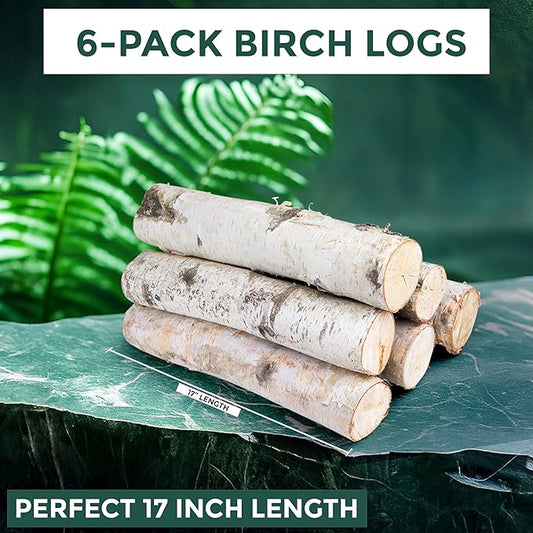 17 Inch Natural Birch Logs - Decorative Dried Birch Wood Logs for Fireplace, Wedding Centerpieces - Unfinished Wood DIY Crafts, & Home Décor - Birch Log Bundle for Indoor Display (6 PCS) (2.5"-4" DIA)