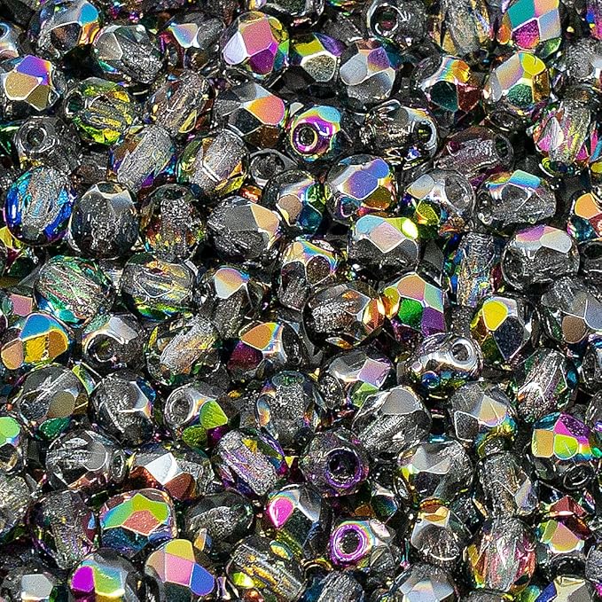 1.8 oz (50g, Approx. 600pcs) of Faceted Fire Polished Pressed Czech Glass Beads 4mm (0.16in), Crystal Vitrail 00030-28101 BCV