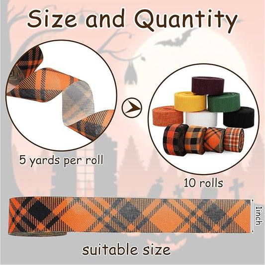 10 Rolls 50 Yard Halloween Plaid Burlap Ribbon Rolls 1 Inch Gift Wrapping Ribbon Decorative for DIY Crafts Wreath Bow Making Supplies Home Decor