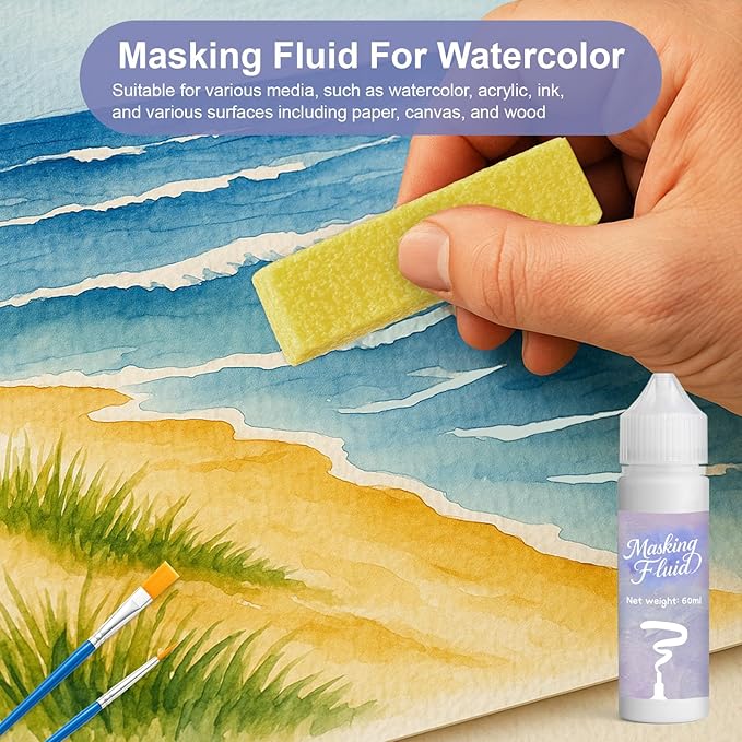 120ml Masking Fluid for Watercolor Painting, Art Watercolor Masking Fluid Precise White Space, Easy Peel-Off, Water Based Latex, for Artists, Beginners, DIY Canvas Protection (White)