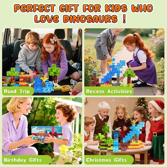 100PCS Dinosaur Magnetic Blocks for Kids: 1" Magnetic Building Blocks for Kids Ages 4-8 8-12, Magnet Cubes Sensory STEM Stacking Toys for Boys & Girls,Christmas Birthday Gifts for Toddler Ages 3+