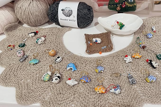 Handmade Stitch Markers for Knitting and Crochet, Two Green Floral Removable Rings, Gold-Edged Fish and Gray Cat Closed Ring, with Storage Case.