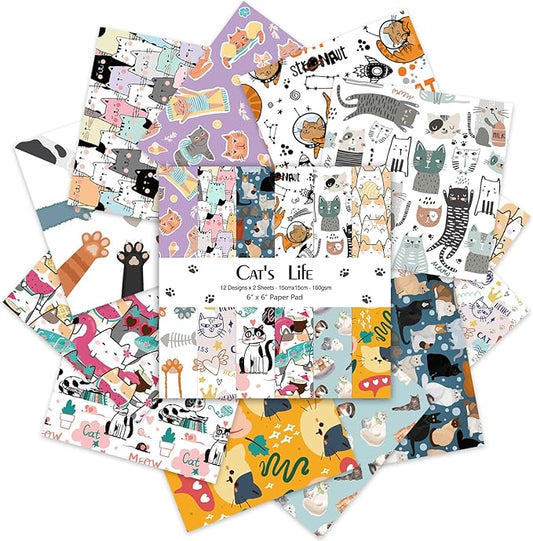 24 Sheets 12 Designs Scrapbook Paper Pad,6"×6” Single-Sided Decopodge Craft Cardstock Paper,Christmas Scrapbooking DIY Decorative Background Cardmaking Supplies.Cat's Life