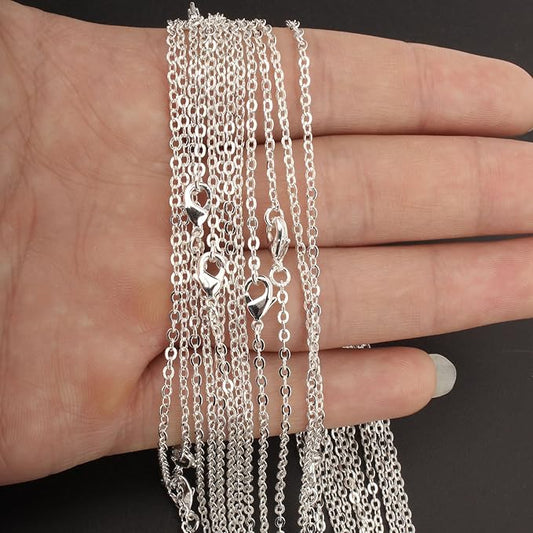 ALEXCRAFT Wholesale 12 PCS Silver Plated Brass Flat Cable Chains Bulk for DIY Jewelry Making (18 Inch(2mm))