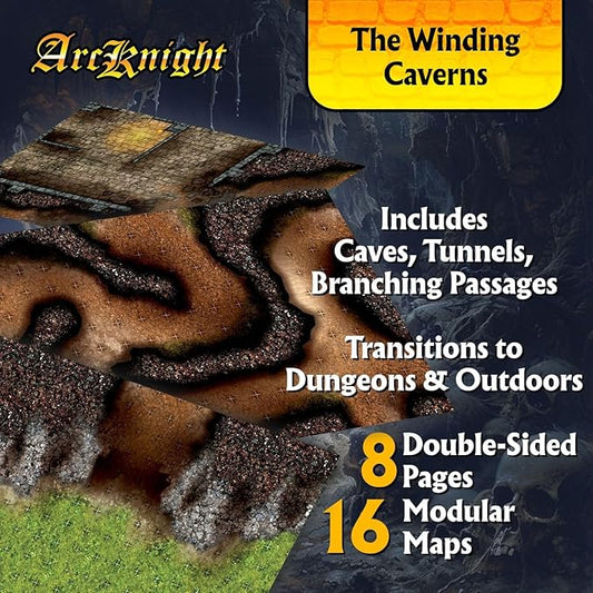 Arcknight The Winding Caverns Roleplaying Battlemaps; 16 Modular RPG Maps in 8 Double-Sided Pages, 1" Square Grid, Modular & Versatile Design for Tabletop Gaming - for Dungeons & Dragons & Pathfinder