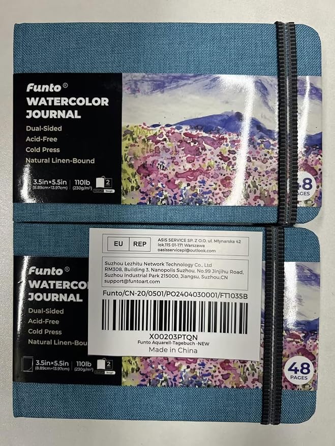 Funto Watercolor Journal, 3.5x5.5, 2 Pack, 24 Sheets Each, Blue Cloth Cover, 110lb/230gsm, Suitable for Techniques and Mixed Media