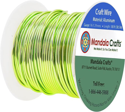 Mandala Crafts 16 Gauge Anodized Aluminum Craft Wire for Jewelry Making - 100 FT Colored Flexible Lime Green Wire - Bendable for Bonsai Armature Crafting Sculpting