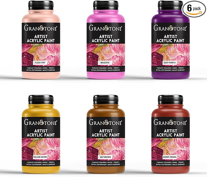 GRANOTONE Acrylic Paint Set - 6 Primary Colors, 7 oz Each | Non-Toxic Student Acrylics for Artists, Kids & Hobbyists | Ideal for Painting & Crafting | Vibrant & Safe Art Supplies | Made in India