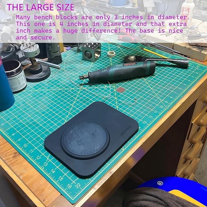 Steel Bench Block, Flat Anvil Metal Stamping Kit, Heat Treating HRC 52, Black Oxide, with Integrated Silicone Base for Stamping, Hand Engraving, Grinding and Polishing (Black)