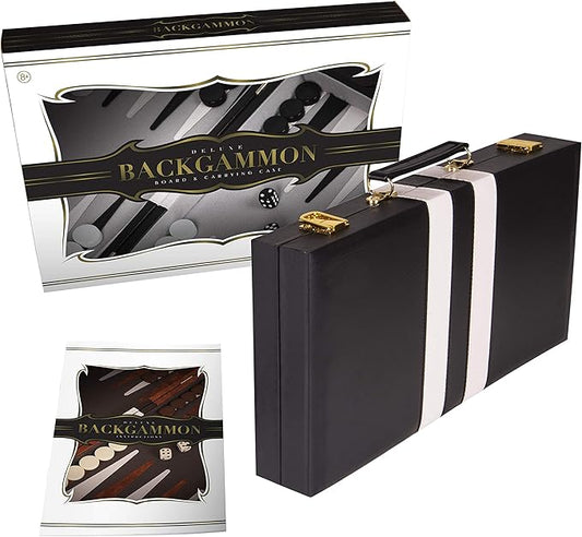 Backgammon Sets for Adults with Premium Leather Case | Classic Travel Backgammon Set for Adults and Kids with Strategy & Guide | 15 Inches | Medium | Black