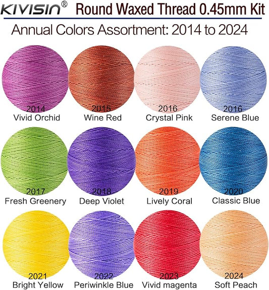 12 Multicolor Round Waxed Thread, 0.45mm Thin and Stiff Wax Strings, 110 Yards/Spool, Polyester Waxed Cord for Fine Leather Sewing, Binding, Crafting, Bracelets and Micro-Macrame Jewelry Making