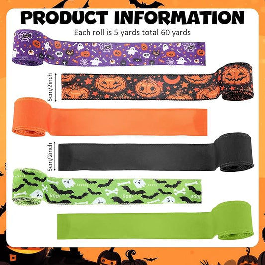 12 Rolls Halloween Wired Edge Ribbon for Wreaths 2 Inch x 60 Yards Bat Spider Web Pumpkin Print Grosgrain Ribbon Ghost Witch Hat Crafts for Halloween Party Decorative Supplies, 12 Styles
