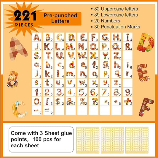 221 Pcs Bulletin Board Letters Round Alphabet Number Punctuation Symbol Combo Letter Cutouts Classroom Decoration for School Classroom Chalkboard Poster Board(Fall Round)