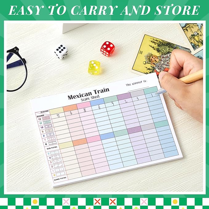 2 Pack 120 Sheets Mexican Train Score Pads Colorful Chicken Foot Dominoes Game Scorepad Adult Mexican Train Score Sheet Scoreboard Paper Record Clearly for Family Game (6.7 x 5 Inches)